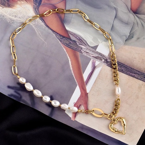 Zara Gold Keshi Vegan White Pearl Mix Links Chain Necklace NEW - Picture 6 of 16